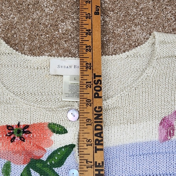 Susan Bristol Floral Embroidered Beaded Cardigan Shell Buttons Natural Multi L - Picture 2 of 11